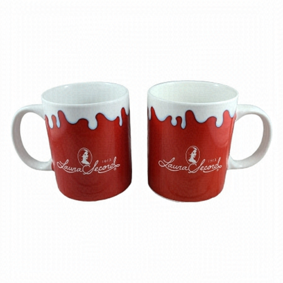 LAURA SECORD Red Ceramic Mugs Brands Unlimited Pair Set of 2 Coffee Tea Cups - Picture 1 of 7